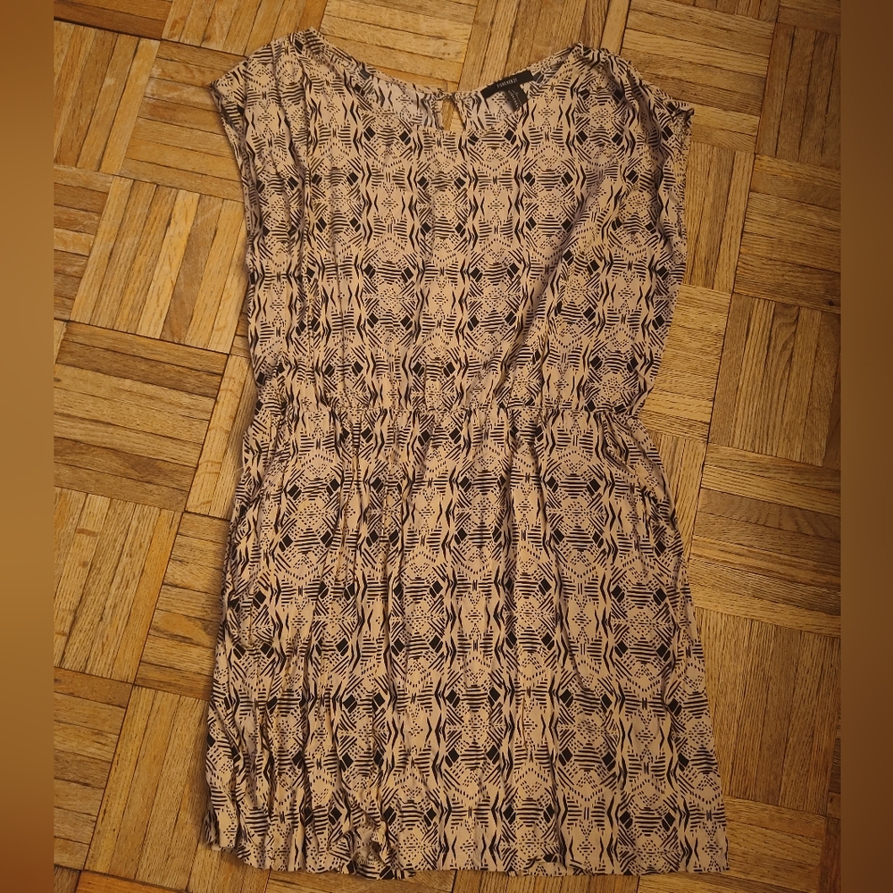 Forever 21 Tan Boat Neck Mini Dress With Black Abstract Pattern